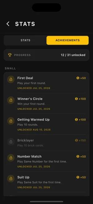 The achievements list, showing unlocked and locked rewards