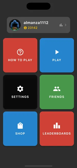 The home menu with play, how to play, friends, shop and leaderboards