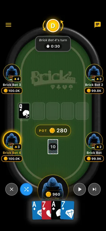 A Brick 'Em match during an opponent's turn, with the four-color deck and player hands visible
