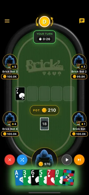 A hand in progress, with the pot in the middle and the player’s cards fanned along the bottom